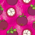 Vector seamless pattern with outline Purple Mangosteen or Garcinia mangosteen fruit on the pink background. Fruit pattern.