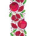 Vector seamless pattern with outline red Pomegranate half and whole fruit, ornate green leaf and seed on the white background.