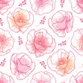 Vector seamless pattern with outline red Poppy flower and pink pastel blots on the white background. Elegance floral background.