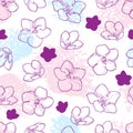 Vector seamless pattern with outline Saintpaulia or African violet flower in pastel pink and purple color on the white background.