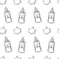 Vector seamless pattern with outline singing angels and stars. Christmas textures. Symbols of the birth of Jesus