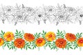 Vector seamless pattern with outline Tagetes or Marigold flower and leaf in orange and black on the white background. Royalty Free Stock Photo