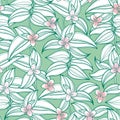Vector seamless pattern with outline Tradescantia or Wandering flower and ornate striped leaf in white on the pastel green.
