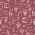 Vector seamless pattern with outline wine bottle, glass, grape v Royalty Free Stock Photo