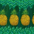 Vector seamless pattern with outline yellow Ananas or Pineapple and palm leaves on the green background. Bright fruit pattern. Royalty Free Stock Photo