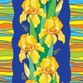 Vector seamless pattern with outline yellow Iris flower, bud, green leaf and stripes on the blue background. Floral background.