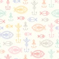 Vector seamless pattern with outlined fishing signs