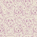 Vector seamless pattern with outlines of dogs heads with bow knots.