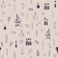 Vector seamless pattern with outlines of microscope, flasks, test tubes, pipettes and bacteria. For web, logo, app, UI Royalty Free Stock Photo