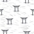 Vector seamless pattern with pagoda in sketch style. Hand drawn texture with symbol of eastern architecture isolated on white