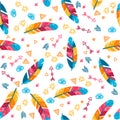 Vector seamless pattern with painted bird feathers. Titled background.