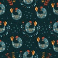 Vector seamless pattern with painted chicken rooster. Folk art. Cute doodle bird. Ethnic pattern