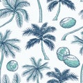 Vector seamless pattern of palm. Different kinds of tropical palmtrees and coconut. Contour sketch background monochrome