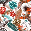 Vector seamless pattern with palm leaves and parrots. Vector tropical wallpaper. Bright colorful botanical backdrop