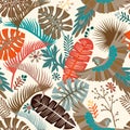 Vector seamless pattern with palm leaves and parrots. Vector tropical wallpaper. Bright colorful botanical backdrop