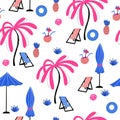 Vector seamless pattern with palm trees and sun loungers.