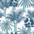 Vector seamless pattern of palmtrees. Different kinds of tropical palm contour sketch background monochrome turquoise