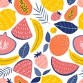 Vector seamless pattern with papaya fruits, lemons, oranges, bananas, watermelons, strawberries, figs and palm leaves Royalty Free Stock Photo