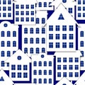 Vector seamless pattern, paper art style houses with shadows on a blue background, colorful illustration, cartoon city, winter Royalty Free Stock Photo