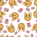 Vector seamless pattern with pembroke welsh corgi on white background with footsteps. Royalty Free Stock Photo