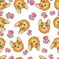 Vector seamless pattern with pembroke welsh corgi on white background with footsteps.