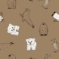 Vector seamless pattern of Penguin, king penguin chick, fur seal, polar bear cub, small Common seal. Set of isolated brown cartoon