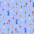 Vector seamless pattern with people walking on the street. Men, women, children outdoors with different kinds of activities