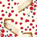 Vector seamless pattern piece of scattered ripe raspberry, cherry, blueberry, cheesecake cake, airy, tender, tasty Royalty Free Stock Photo