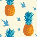 Summer seamless pattern with pineapples and gulls