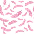 Vector seamless pattern with pink falling feathers on white background in cute cartoon style. Hand drawn vector illustration