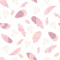 Vector seamless pattern with pink feathers and gold contours of crystals,diamonds. Soft colored print. Stylish,trendy, elegant des