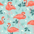 Vector seamless pattern with pink flamingos, tropical palm leaves and flowers. Hand Drawn illustration