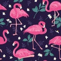 Vector seamless pattern with pink flamingos, tropical palm leaves and flowers. Hand Drawn illustration