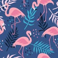 Vector seamless pattern with pink flamingos, tropical palm leaves and flowers. Hand Drawn illustration