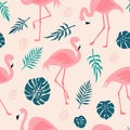 Vector seamless pattern with pink flamingos and tropical palm leaves. Hand Drawn illustration. Royalty Free Stock Photo