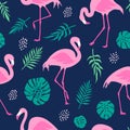 Vector seamless pattern with pink flamingos and tropical palm leaves. Hand Drawn illustration. Royalty Free Stock Photo