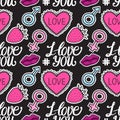 Vector seamless pattern pink love with symbol male and female. Fun comic style. Hand drawn elements isolated on dark.