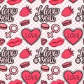 Vector seamless pattern pink love with symbol male and female. Hand drawn elements isolated on white Royalty Free Stock Photo