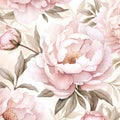 Vector seamless pattern with pink peony flowers on white background. Romantic design