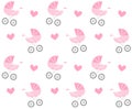 Vector seamless pattern of pink pram and heart