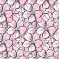 Vector seamless pattern with pink flowering Japanese cherry and thick gray