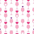 Vector seamless pattern with pink silhouette of wineglass and hearts on the white background. Design for wine and winery.