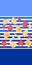 Vector seamless pattern with pink starfishes and golden seashells on white background with blue stripes.