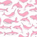 Vector seamless pattern with pink whales, sharks, narwhals and d Royalty Free Stock Photo