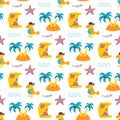 Vector seamless pattern with pirate parrot, an island, treasure map on white background Royalty Free Stock Photo