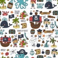 Vector seamless pattern Pirate party for children Kindergarten Kids children drawing style illustration Picutre with