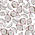 Vector seamless pattern of pitaya. Colored hand drawn exotic fruits. Engraved art.