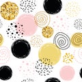 Vector seamless pattern polka dot abstract ornament decorated golden, pink, black hand drawn elements