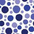 Vector seamless pattern, pom pom, bobble, dots in different blue shades. Repeating pattern.