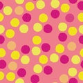 Vector seamless pattern, pom pom, bobble, yellow and pink on trendy pink. Repeating pattern.